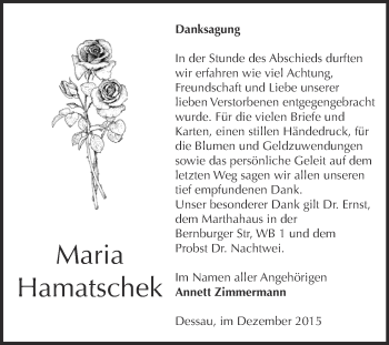Traueranzeige von Maria Hamatschek von WVG - Wochenspiegel Dessau / Köthen