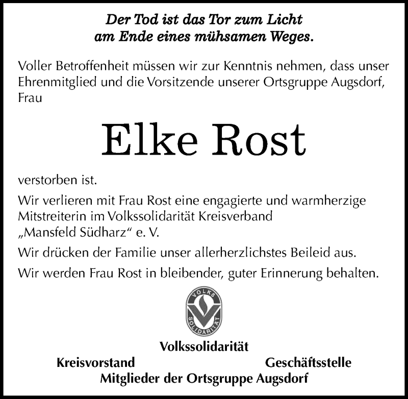  Traueranzeige für Elke Rost vom 01.12.2015 aus Mitteldeutsche Zeitung Mansfelder Land