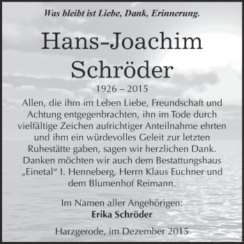 Traueranzeige von Hans-Joachim Schröder von Super Sonntag Quedlinburg