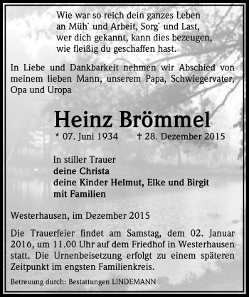 Traueranzeige von Heinz Brömmel von Mitteldeutsche Zeitung Quedlinburg