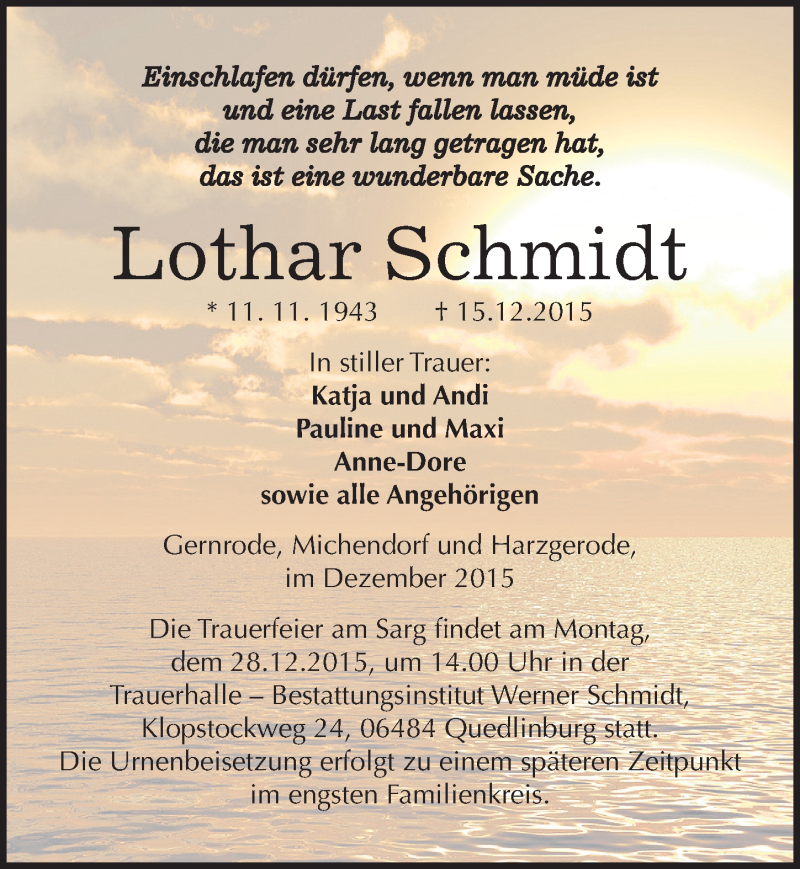  Traueranzeige für Lothar Schmidt vom 19.12.2015 aus Mitteldeutsche Zeitung Quedlinburg