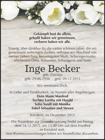 Traueranzeige von Inge Becker von Wochenspiegel Mansfelder Land