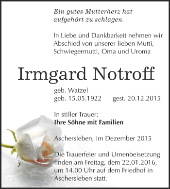 Traueranzeige von Irmgard Notroff von Super Sonntag Aschersleben