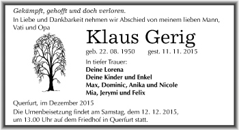 Traueranzeige von Klaus Gerig von Mitteldeutsche Zeitung Merseburg/Querfurt