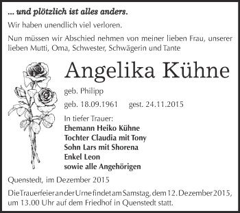 Traueranzeige von Angelika Kühne von Super Sonntag Aschersleben