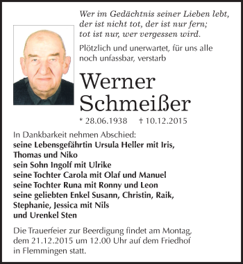 Traueranzeige von Werner Schmeißer von Mitteldeutsche Zeitung Naumburg/Nebra