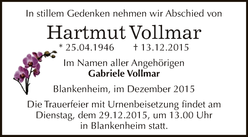  Traueranzeige für Hartmut Vollmar vom 19.12.2015 aus Super Sonntag SGH Mansf. Land