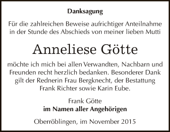 Traueranzeige von Anneliese Götte von Super Sonntag SGH Mansf. Land