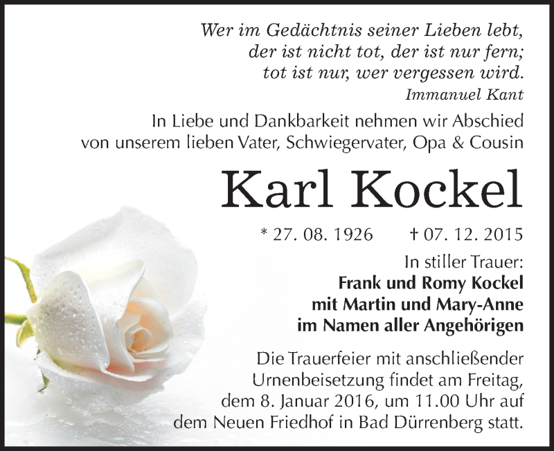  Traueranzeige für Karl Kockel vom 19.12.2015 aus Mitteldeutsche Zeitung Halle/Saalkreis