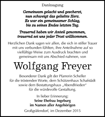 Traueranzeige von Wolfgang Freyer von WVG - Wochenspiegel Merseburg