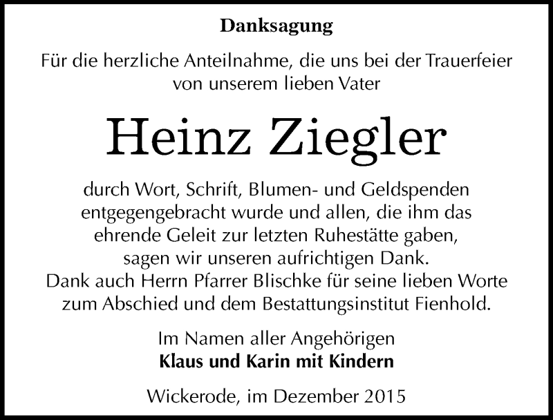  Traueranzeige für Heinz Ziegler vom 23.12.2015 aus Mitteldeutsche Zeitung Sangerhausen