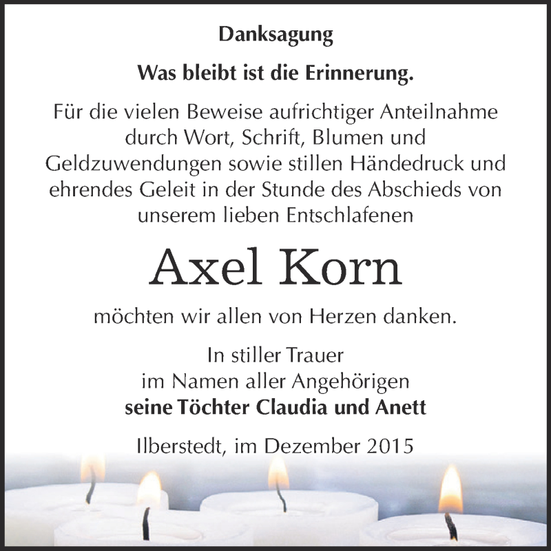  Traueranzeige für Axel Korn vom 19.12.2015 aus Super Sonntag Bernburg
