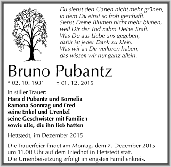 Traueranzeige von Bruno Pubantz von Mitteldeutsche Zeitung Mansfelder Land