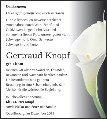 Traueranzeige von Gertraud Knopf von Super Sonntag Quedlinburg