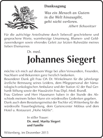 Traueranzeige von Johannes Siegert von Super Sonntag Wittenberg
