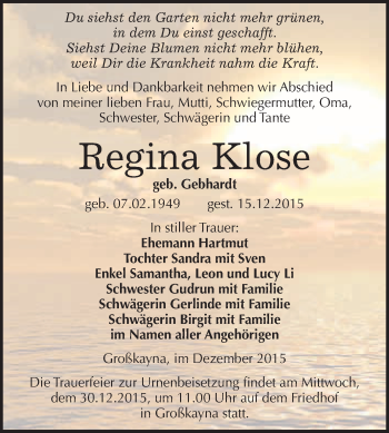 Traueranzeige von Regina Klose von WVG - Wochenspiegel Merseburg