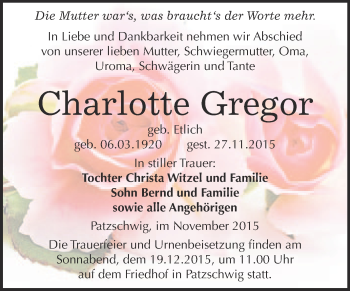 Traueranzeige von Charlotte Gregor von WVG - Wochenspiegel Wittenberg