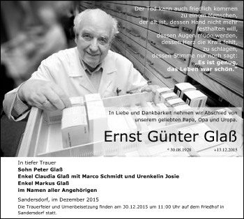 Traueranzeige von Ernst Günter Glaß von Mitteldeutsche Zeitung Bitterfeld