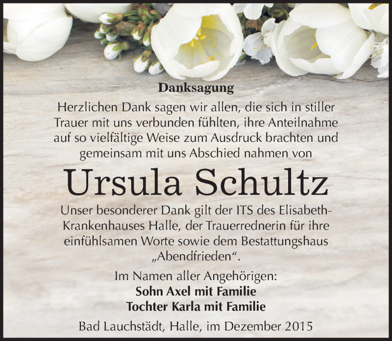  Traueranzeige für Ursula Schultz vom 12.12.2015 aus Mitteldeutsche Zeitung Halle/Saalkreis