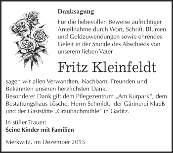 Traueranzeige von Fritz Kleinfeldt von WVG - Wochenspiegel Wittenberg