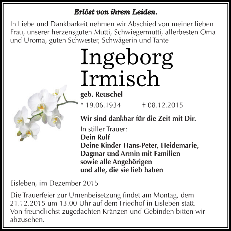  Traueranzeige für Ingeborg Irmisch vom 16.12.2015 aus Wochenspiegel Mansfelder Land