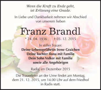 Traueranzeige von Franz Brandl von WVG - Wochenspiegel Wittenberg