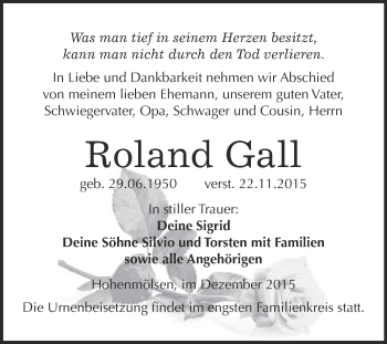 Traueranzeige von Roland Gall von WVG - Wochenspiegel NMB / WSF / ZTZ