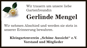 Traueranzeige von Gerlinde Mengel von Super Sonntag Zeitz