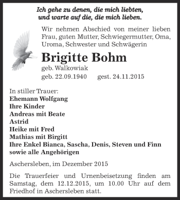 Traueranzeige von Brigitte Bohm von Super Sonntag Aschersleben