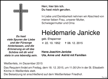 Traueranzeige von Heidemarie Janicke von WVG - Wochenspiegel NMB / WSF / ZTZ