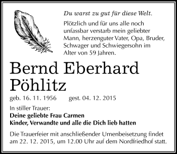 Traueranzeige von Bernd Eberhard Pöhlitz von Mitteldeutsche Zeitung Halle/Saalkreis