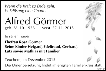 Traueranzeige von Alfred Görmer von WVG - Wochenspiegel NMB / WSF / ZTZ