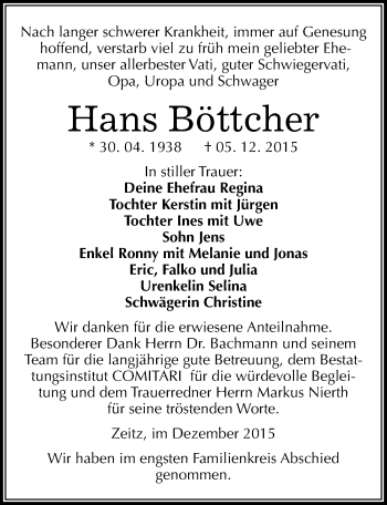 Traueranzeige von Hans Böttcher von Mitteldeutsche Zeitung Zeitz