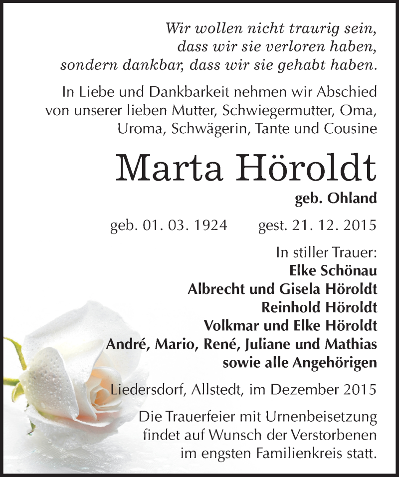 Traueranzeige für Marta Höroldt vom 29.12.2015 aus Mitteldeutsche Zeitung Sangerhausen
