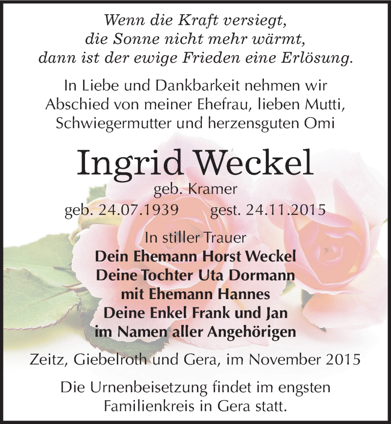  Traueranzeige für Ingrid Weckel vom 05.12.2015 aus Mitteldeutsche Zeitung Zeitz