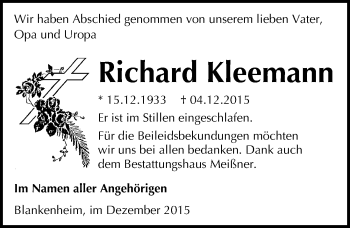 Traueranzeige von Richard Kleemann von Mitteldeutsche Zeitung Sangerhausen