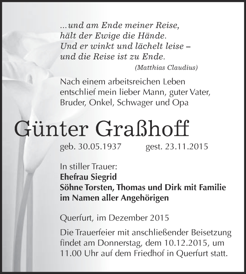  Traueranzeige für Günter Graßhoff vom 05.12.2015 aus WVG - Wochenspiegel Merseburg