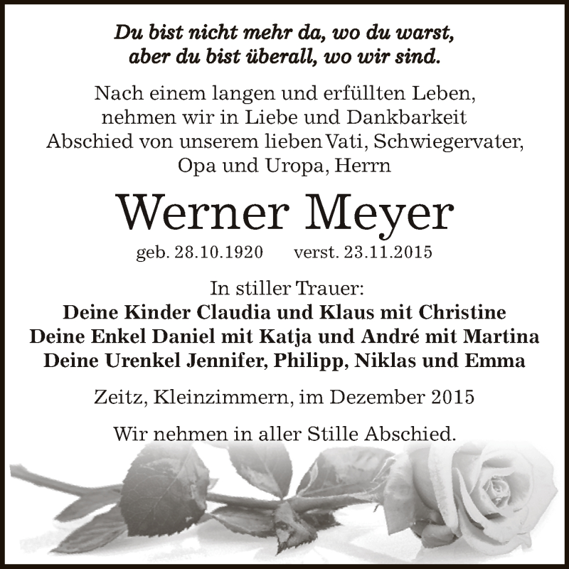  Traueranzeige für Werner Meyer vom 05.12.2015 aus Super Sonntag Zeitz