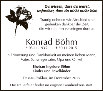 Traueranzeige von Konrad Böhm von WVG - Wochenspiegel Dessau / Köthen