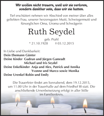 Traueranzeige von Ruth Seydel von WVG - Wochenspiegel Dessau / Köthen