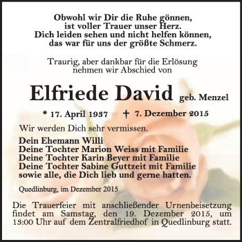 Traueranzeige von Elfriede David von WVG - Wochenspiegel Quedlinburg