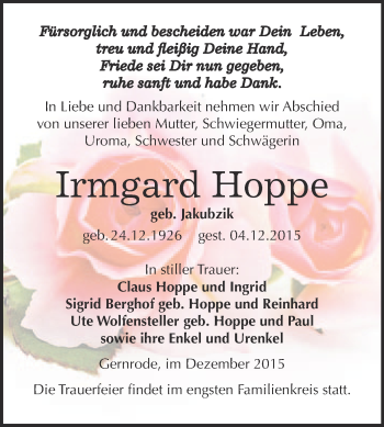 Traueranzeige von Irmgard Hoppe von WVG - Wochenspiegel Quedlinburg