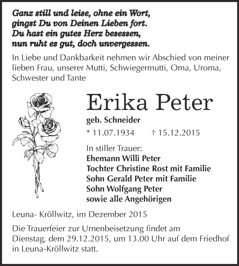  Traueranzeige für Erika Peter vom 19.12.2015 aus Super Sonntag Merseburg