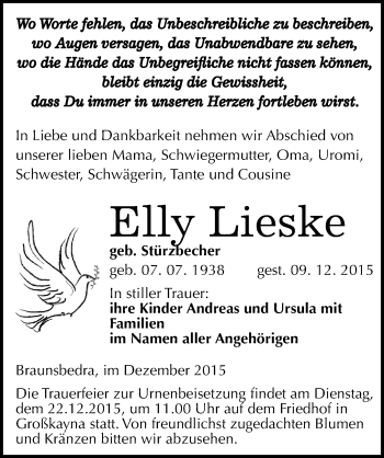 Traueranzeige von Elly Lieske von Mitteldeutsche Zeitung Merseburg/Querfurt