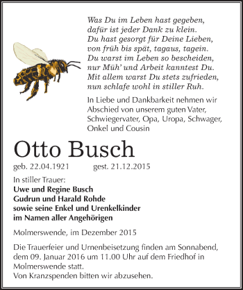 Traueranzeige von Otto Busch von Mitteldeutsche Zeitung Mansfelder Land