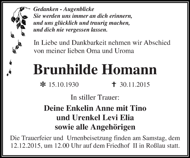  Traueranzeige für Brunhilde Homann vom 05.12.2015 aus WVG - Wochenspiegel Dessau / Köthen