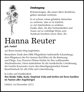 Traueranzeige von Hanna Reuter von Mitteldeutsche Zeitung Naumburg/Nebra