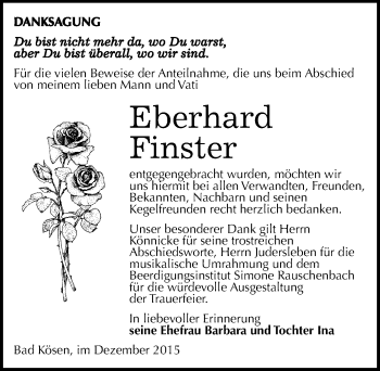 Traueranzeige von Eberhard Finster von Mitteldeutsche Zeitung Naumburg/Nebra
