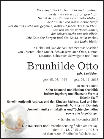 Traueranzeige von Brunhilde Otto von WVG - Wochenspiegel Merseburg