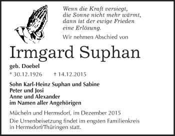 Traueranzeige von Irmgard Suphan von WVG - Wochenspiegel Merseburg